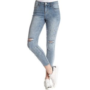 Mid Rise Skinny Jeans, Light Blue/Pearls/Distress